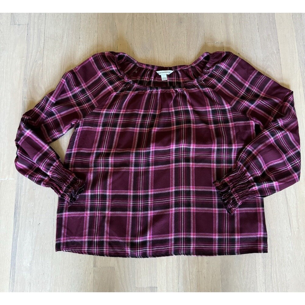 Counterparts Blouse Women’s Size Large Plaid Flannel Boho Smocked Sleeve